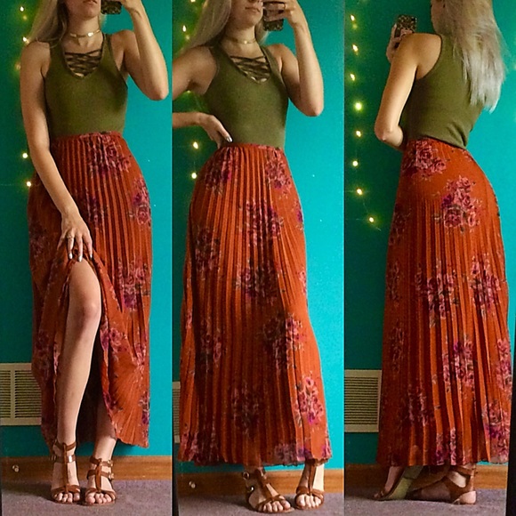 orange pleated maxi skirt